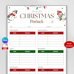 Może przedstawiać: Arkusz rejestracji na świąteczny Potluck z świątecznym designem. Arkusz zawiera sekcje na przystawki, dania główne, dodatki, desery, napoje i inne dania. Zawiera ilustracje bałwana i tekst "CHRISTMAS Potluck".