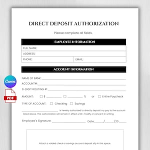 Bewerkbaar machtigingsformulier voor directe storting. Betalingsautorisatie medewerker. Bewerkbaar salarisformulier. Stortingsformulier werknemer. Pdf- en canva-indeling