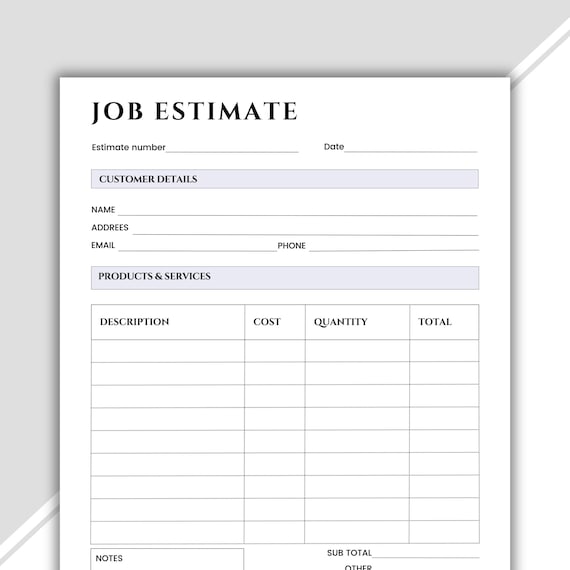 Job Estimate Template Editable | Contractor Estimate Form | Business Estimate Invoice | Service Quote Template | Small Business Estimate