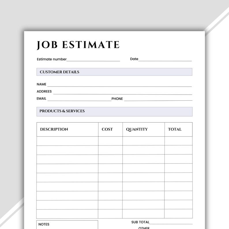 Job Estimate Template Editable | Contractor Estimate Form | Business ...
