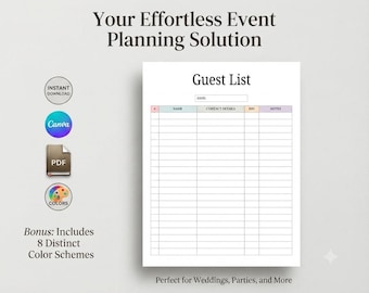 Editable Guest List Template Canva, Wedding Guest Tracker Printable, Event Guest Book PDF, Party RSV Organizer, Instant Download