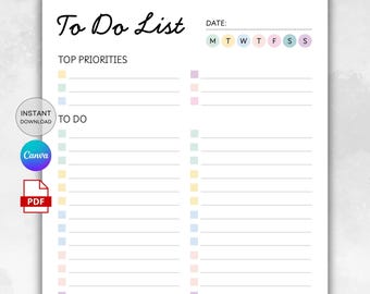 Elenco delle cose da fare stampabile / Planner giornaliero delle cose da fare / Elenco delle cose da fare modificabile su Canva / Checklist delle attività minime / Planner della produttività in PDF