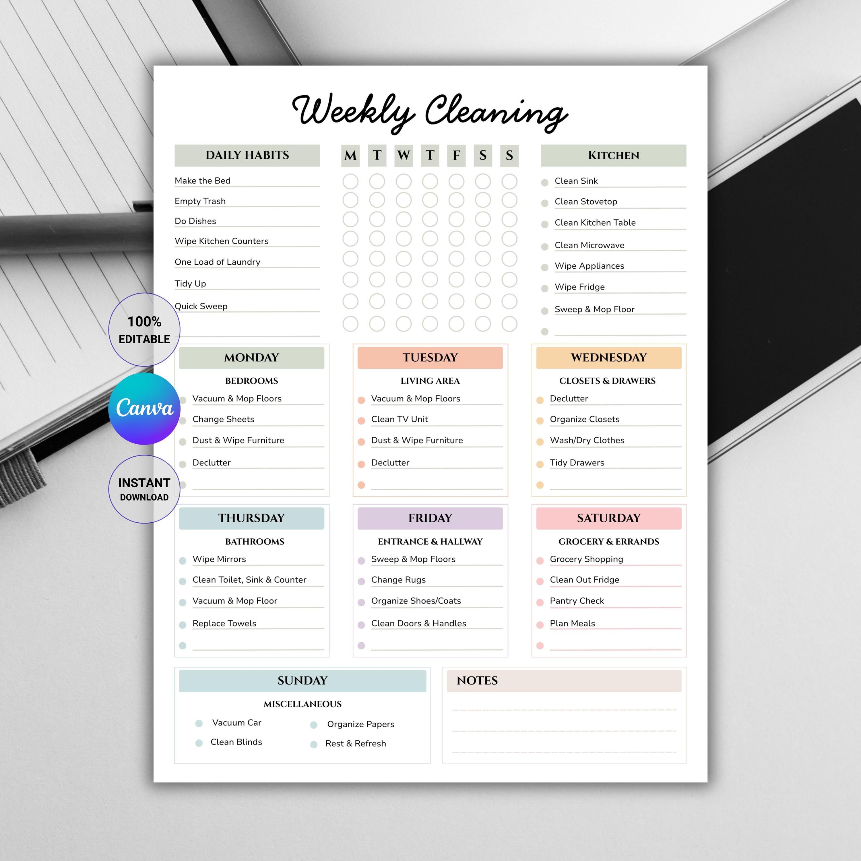 Weekly Cleaning Checklist Printable PDF | Editable Canva Cleaning ...