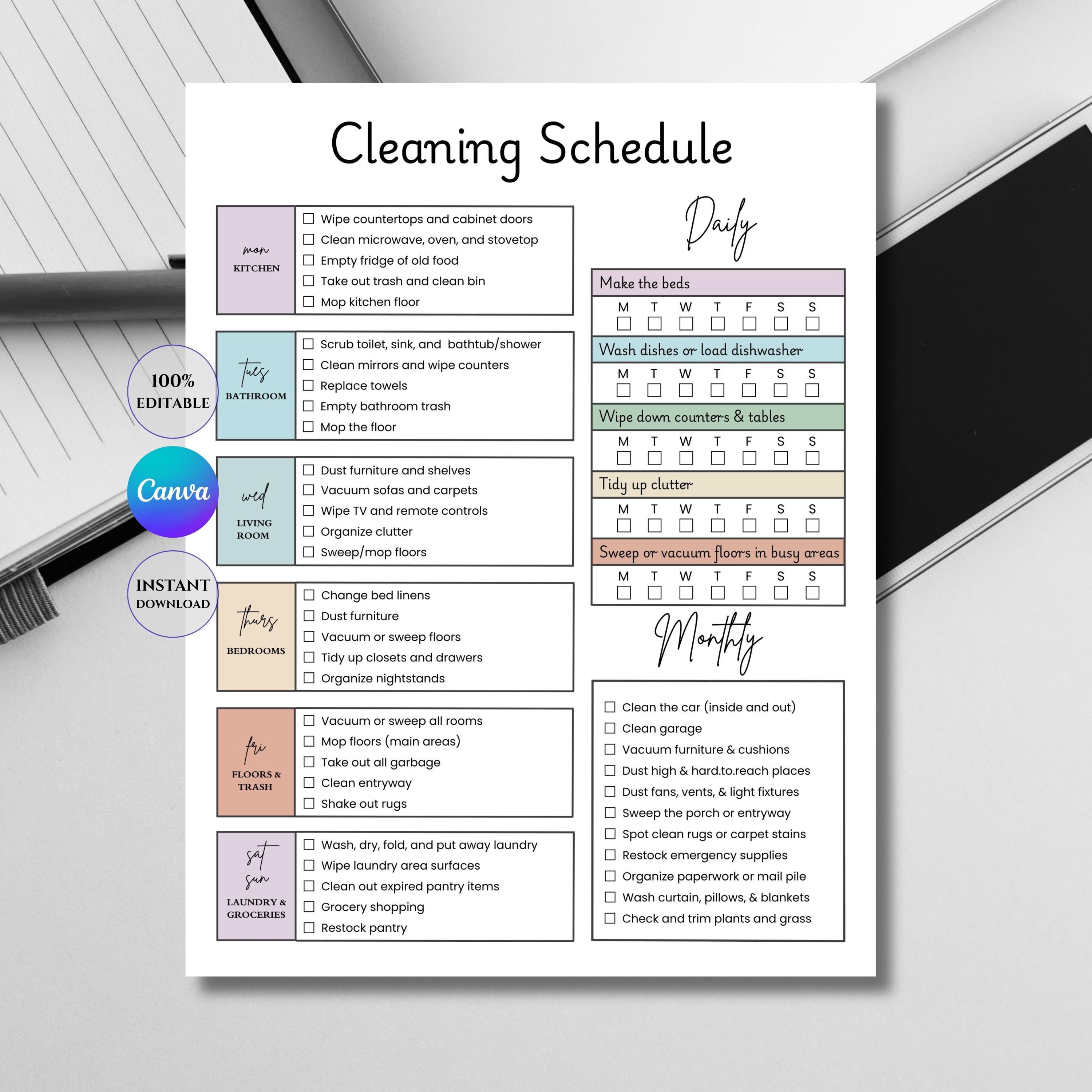 Editable Cleaning Schedule Printable Daily Weekly Monthly Cleaning ...