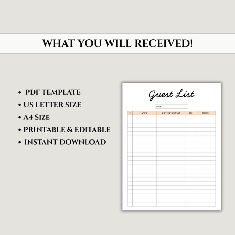 Guest List Tracker Printable Wedding Planner Sheet | Event Guest ...