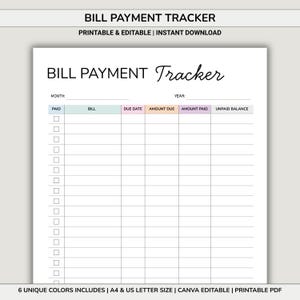 Puede incluir: Un rastreador de pago de facturas imprimible en blanco con el título "BILL PAYMENT Tracker" en una fuente manuscrita. El rastreador incluye columnas para mes, año, pagado, factura, fecha de vencimiento, importe adeudado, importe pagado y saldo pendiente. El texto en la parte superior dice "BILL PAYMENT TRACKER" y "PRINTABLE & EDITABLE | INSTANT DOWNLOAD".
