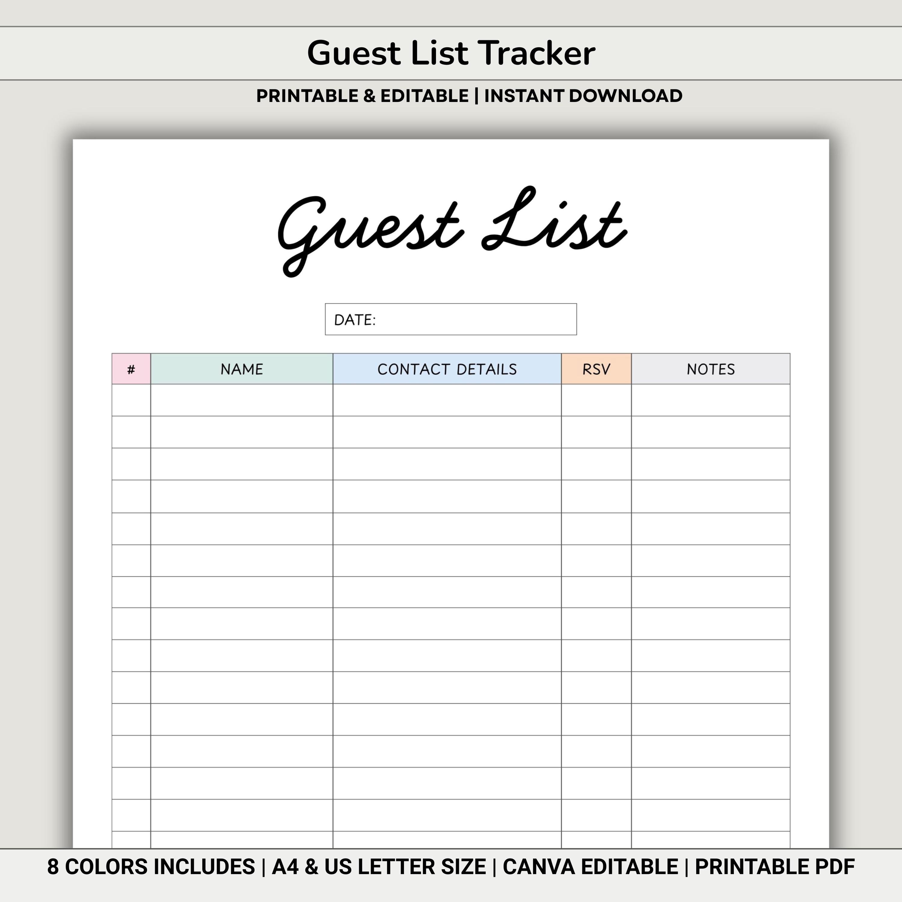 Guest List Tracker Printable Wedding Planner Sheet | Event Guest ...