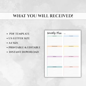 Op de afbeelding: Een afdrukbare wekelijkse plantemplate met de tekst "Weekly Plan" bovenaan. De template bevat secties voor elke dag van de week, met ruimte voor notities. De afbeelding bevat ook de tekst "WHAT YOU WILL RECEIVED!" en opsommingstekens.