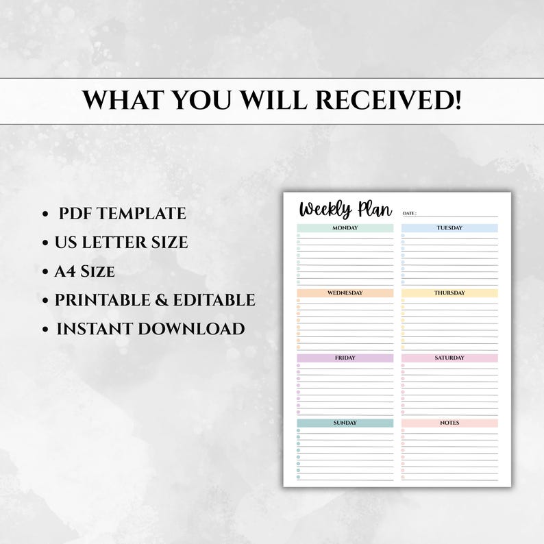 Op de afbeelding: Een afdrukbare wekelijkse plantemplate met de tekst "Weekly Plan" bovenaan. De template bevat secties voor elke dag van de week, met ruimte voor notities. De afbeelding bevat ook de tekst "WHAT YOU WILL RECEIVED!" en opsommingstekens.