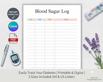 Blood Sugar Log Printable, Editable Canva Diabetes Tracker, Glucose Tracker Sheet, Printable Blood Glucose Log, Food & Sugar Tracker PDF
