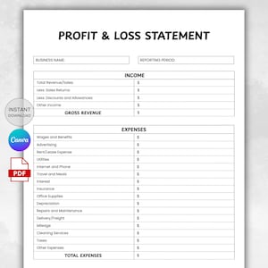 Op de afbeelding: Een witte, afdrukbare winst- en verliesrekening sjabloon met de titel "PROFIT & LOSS STATEMENT" in het zwart. De sjabloon bevat secties voor inkomsten en uitgaven, met velden voor financiële gegevens. Inclusief "Instant Download", "Canva" en "PDF" pictogrammen.