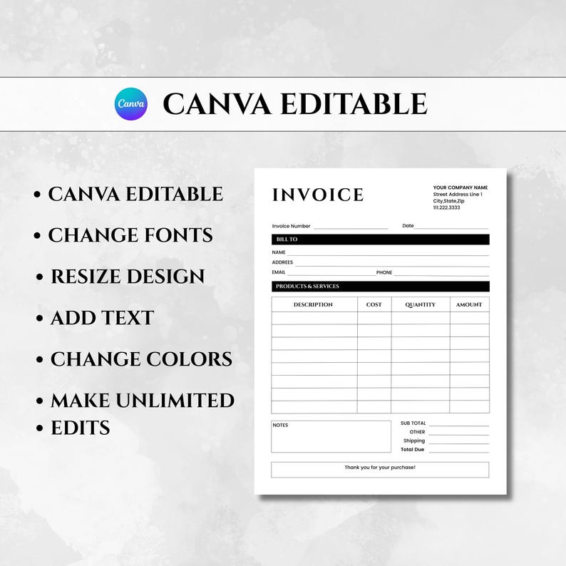 Editable Invoice Template Canva | Printable Professional Invoice for ...
