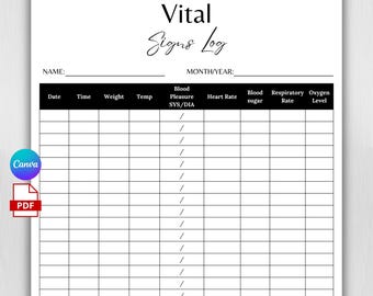 Vital Signs Log Printable, Blood Pressure Tracker, Blood Sugar Log, Medical Health Record Sheet, Nurse Planner PDF