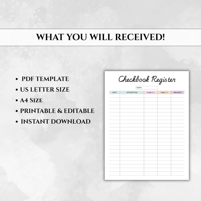 Editable Checkbook Register Printable | Check Register PDF | Expense ...