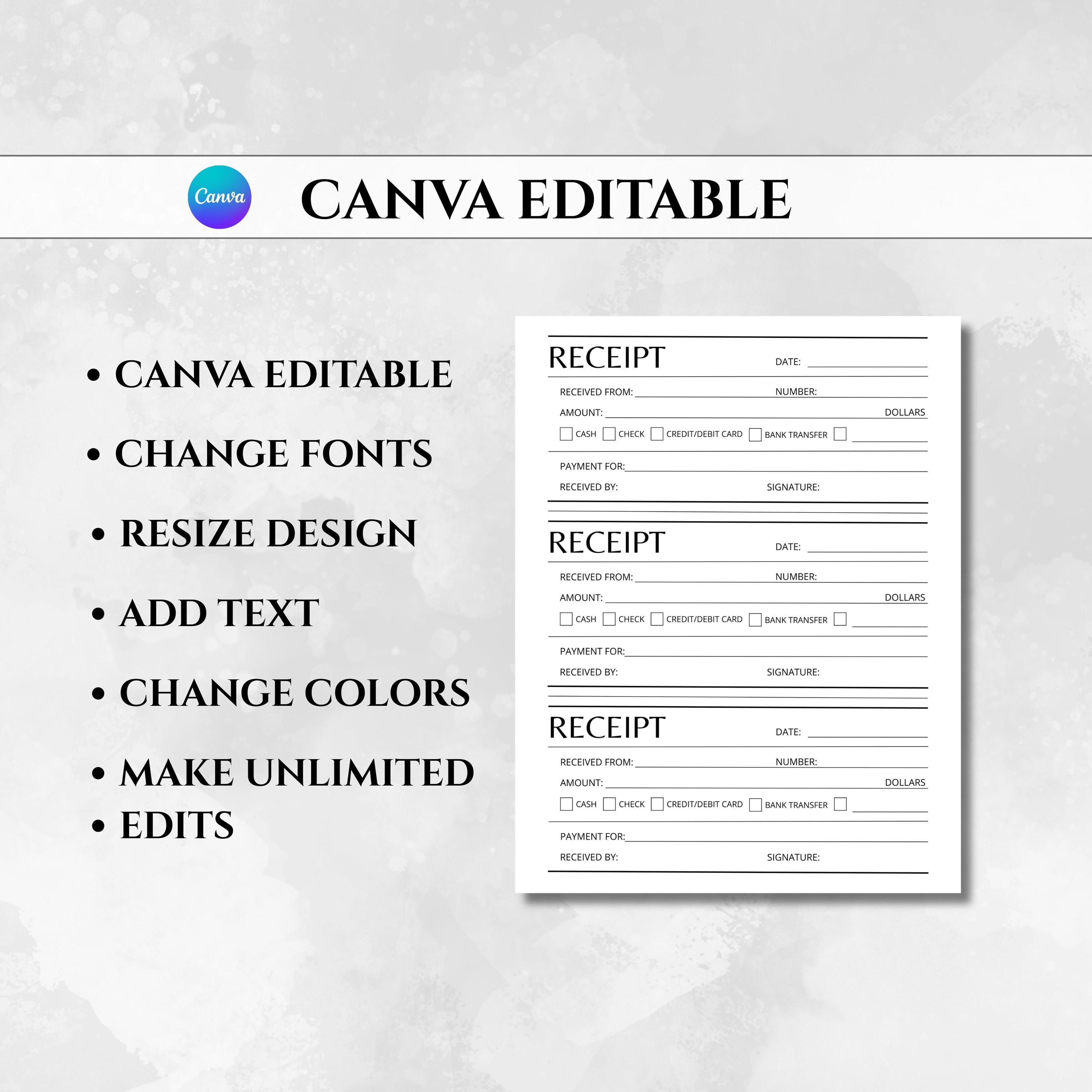 Editable Receipt Template, Customer Receipt, Rent Receipt , Minimalist ...