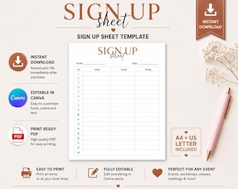 Editable Sign Up Sheet Template Printable, Event Sign Up Form, Email Contact List, Minimalist Canva Signup Sheet, US Letter A4 PDF