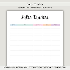 Puede incluir: Un rastreador de ventas imprimible con el título "Sales Tracker" en una fuente manuscrita. El documento incluye columnas para la fecha, el artículo, el precio de venta, las tarifas y las ganancias. El texto "PRINTABLE & EDITABLE | INSTANT DOWNLOAD" está en la parte superior. El texto inferior dice "8 COLORS INCLUDES | A4 & US LETTER SIZE | CANVA EDITABLE | PRINTABLE PDF".