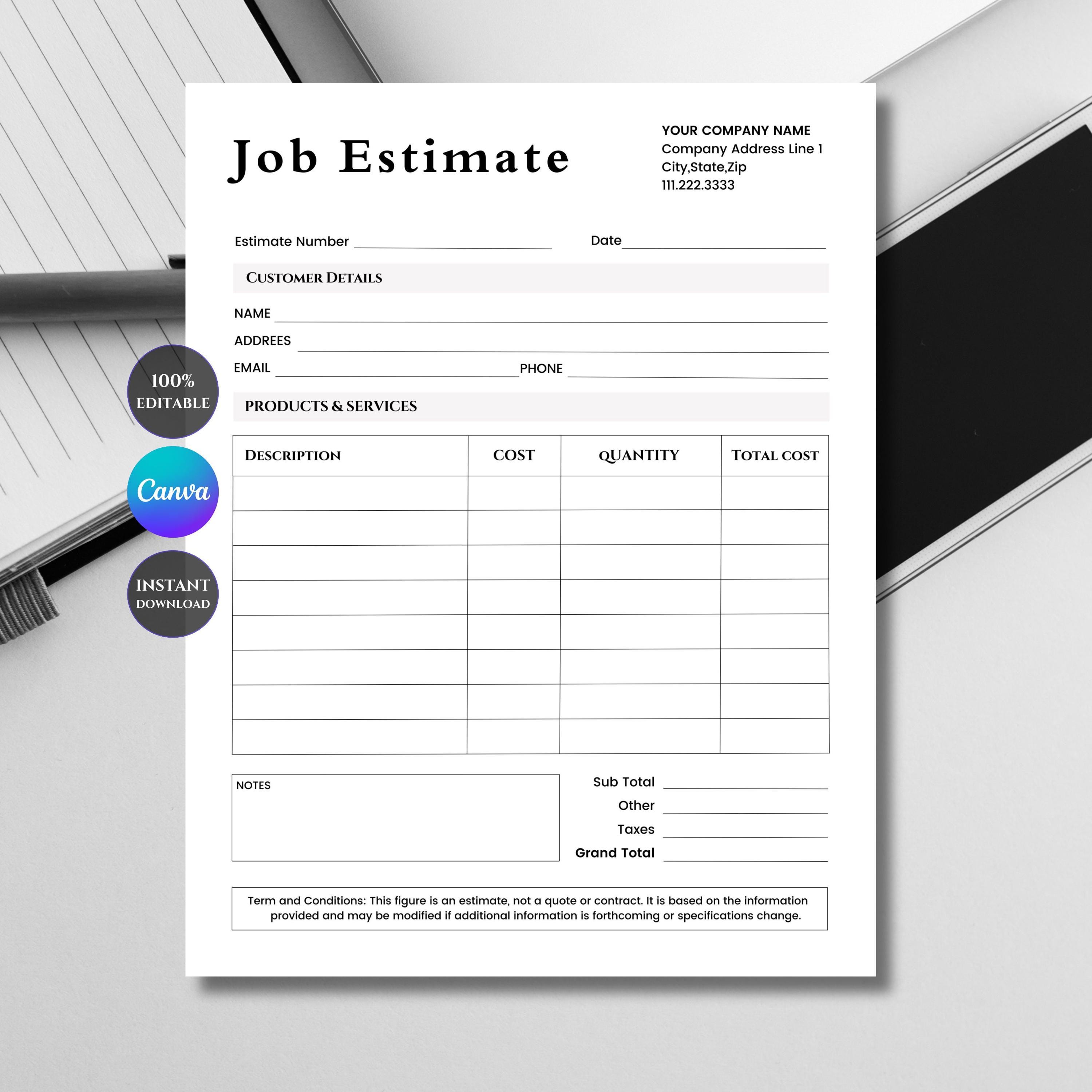 Job Estimate Template Canva | Editable Estimate Form | Contractor Quote ...