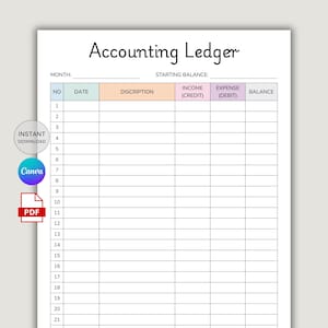May include: A printable accounting ledger with the title "Accounting Ledger" at the top. The ledger includes columns for date, description, income, expense, and balance. The image also includes "Instant Download", "Canva", and "PDF" icons.