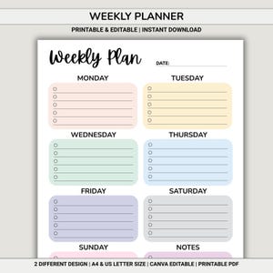 Könnte beinhalten: Ein druckbarer Wochenplaner mit weißem Hintergrund. Der Planer enthält Abschnitte für jeden Wochentag, mit Platz für Notizen und ein Datum. Der Text "Weekly Plan" steht oben, mit den Worten "Printable & Editable | Instant Download" darüber.