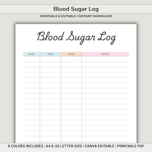 May include: A printable blood sugar log with the title "Blood Sugar Log" in a cursive font. The log includes columns for date, time, level, and notes. The text "PRINTABLE & EDITABLE | INSTANT DOWNLOAD" is above the title.