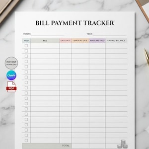 Puede incluir: Una plantilla de papel blanco para el seguimiento de pagos de facturas con texto en negro. El encabezado dice BILL PAYMENT TRACKER con campos para mes y año. Las columnas incluyen pagado, factura, fecha de vencimiento, importe y saldo.