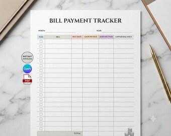 Editable Bill Tracker Printable Canva Template, Bill Payment Tracker PDF, Monthly Expense Organizer, Checklist Log, Financial Planner