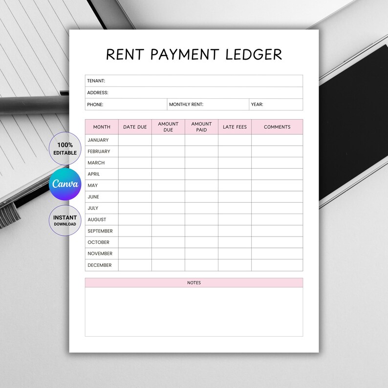 Rent Payment Ledger Printable, Rental Tracker Sheet, Monthly Rent Log ...