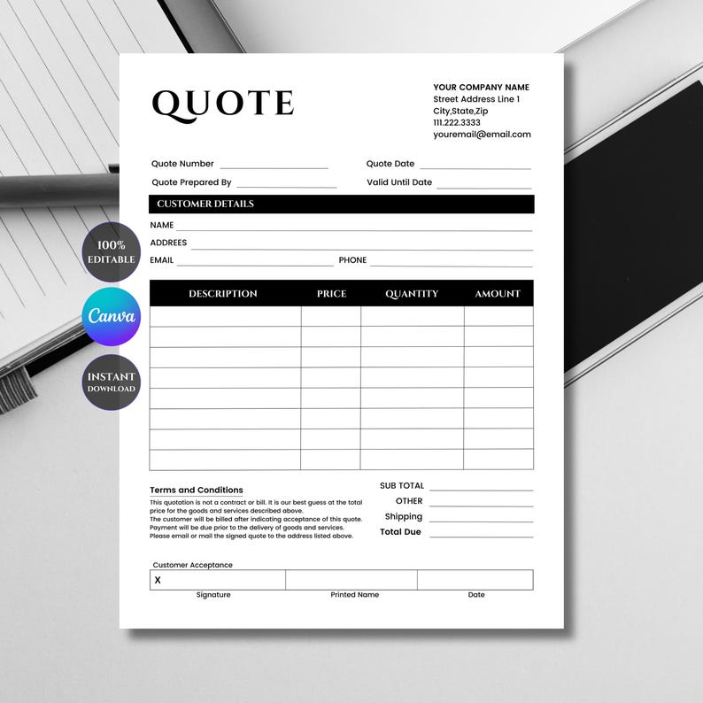 Editable Quote Template Canva | Business Quote Form | Service Quote ...