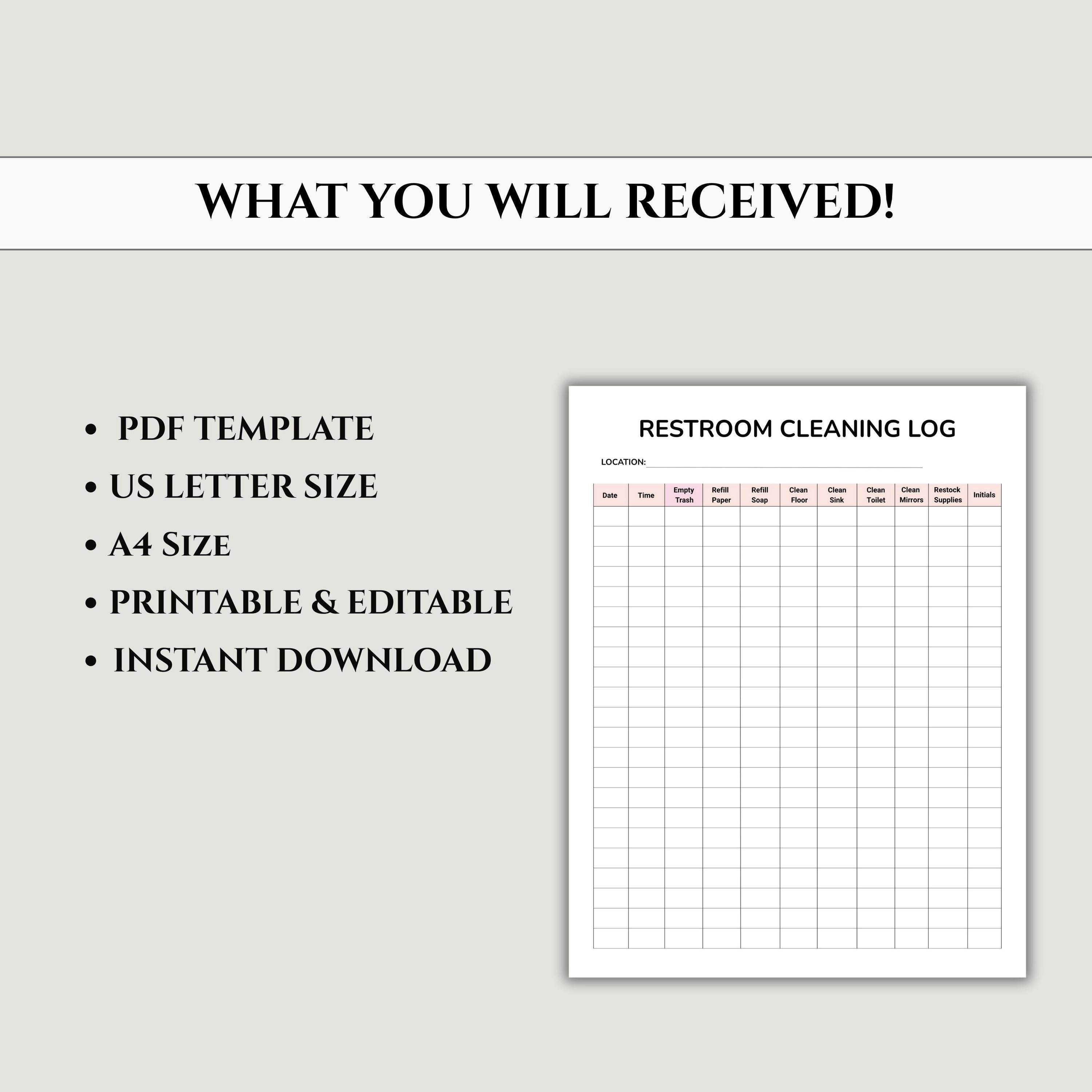 Restroom Service Log Restroom Cleaning Log Sheet | Bathroom Cleaning Checklist | Editable ...