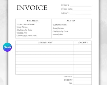 Minimal Invoice Template Editable in Canva | Printable Invoice Form PDF | Small Business Billing Template | Instant Download A4 US Letter