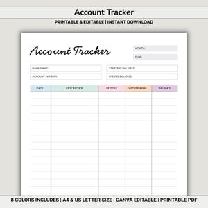 Afdrukbare accounttracker | Bankrekeningnummer | Maandelijkse financiële tracker | Bewerkbare canvassjabloon | Budgetplanner | A4 US Letter (pdf)