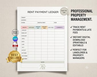 Editable Rent Payment Ledger Template Canva, Landlord Tenant Rent Tracker PDF Printable, Rental Property Payment Log Sheet, US Letter A4