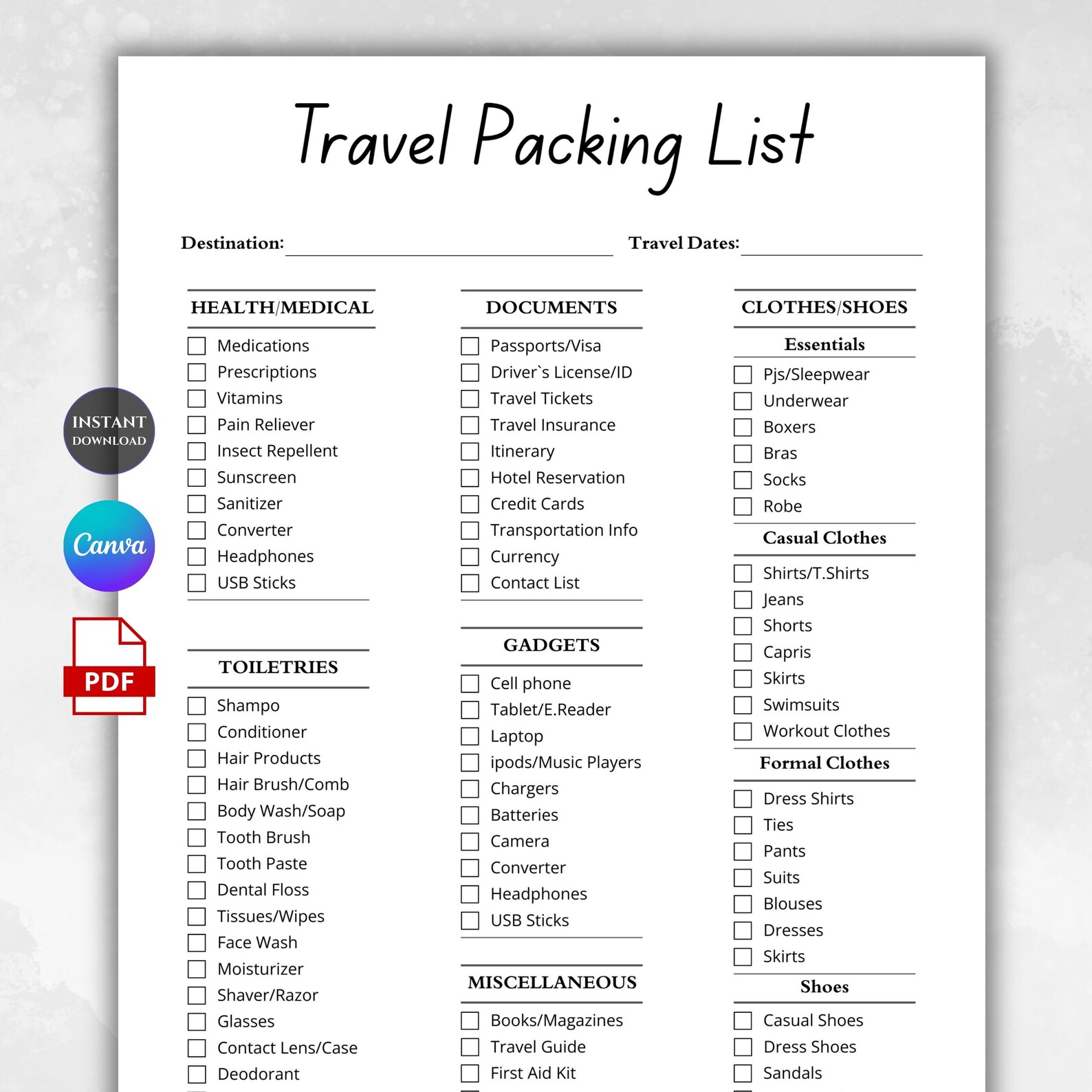 Travel Packing List Printable | Vacation Packing Checklist | Travel ...