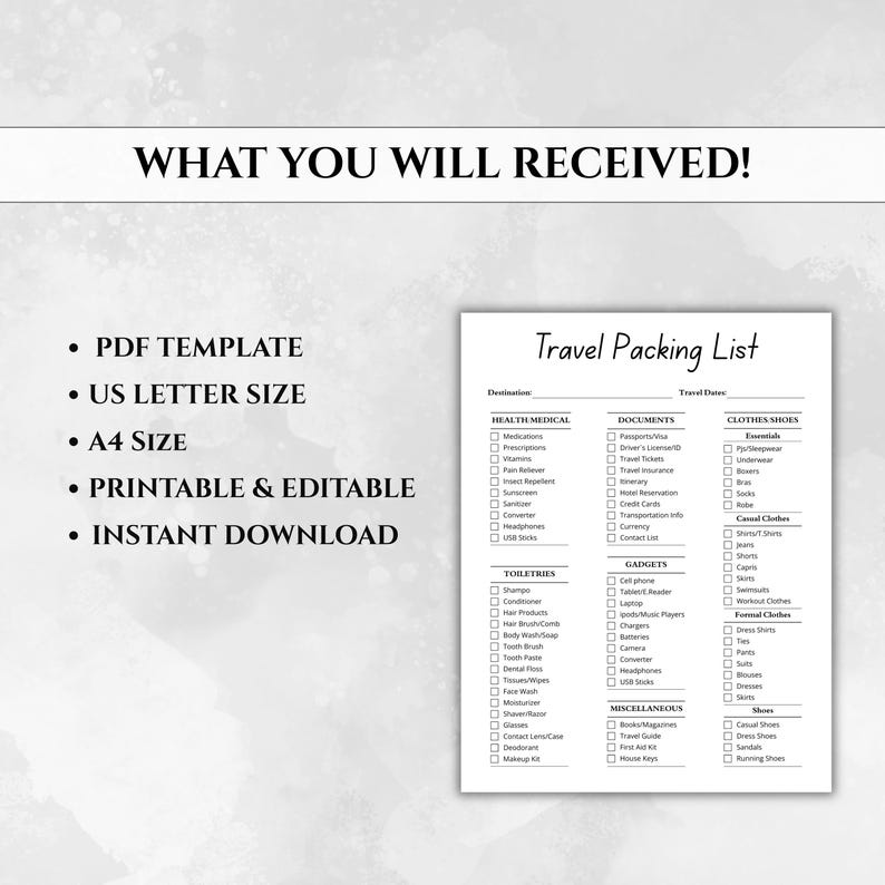 Travel Packing List Printable | Vacation Packing Checklist | Travel ...