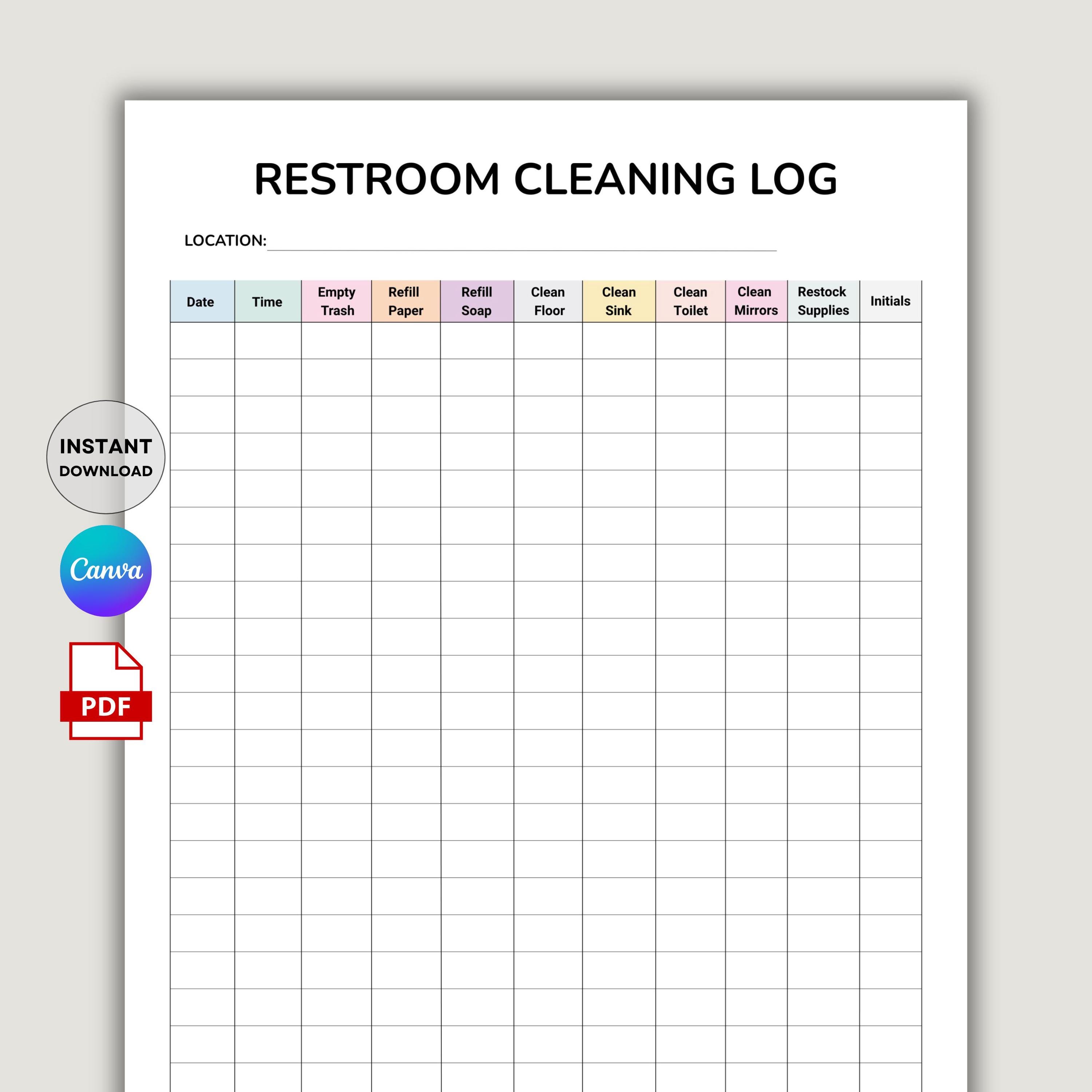 Restroom Use Log Restroom Cleaning Log Sheet | Bathroom Cleaning Checklist | Editable ...