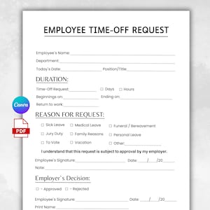 Plantilla de formulario de solicitud de tiempo libre para empleados / Hoja de solicitud de vacaciones de PTO / Formulario de RR. HH. de Canva editable / Rastreador de licencias del personal imprimible.
