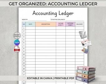 Accounting Ledger Book Printable, Small Business Bookkeeping Insert, Editable Canva Template, Income Expense Tracker, A4 US Letter PDF
