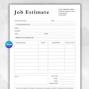 Plantilla de presupuesto de trabajo (Canva) / Formulario de presupuesto editable / Plantilla de cotización de contratista / Factura de presupuesto de servicio / Descarga digital