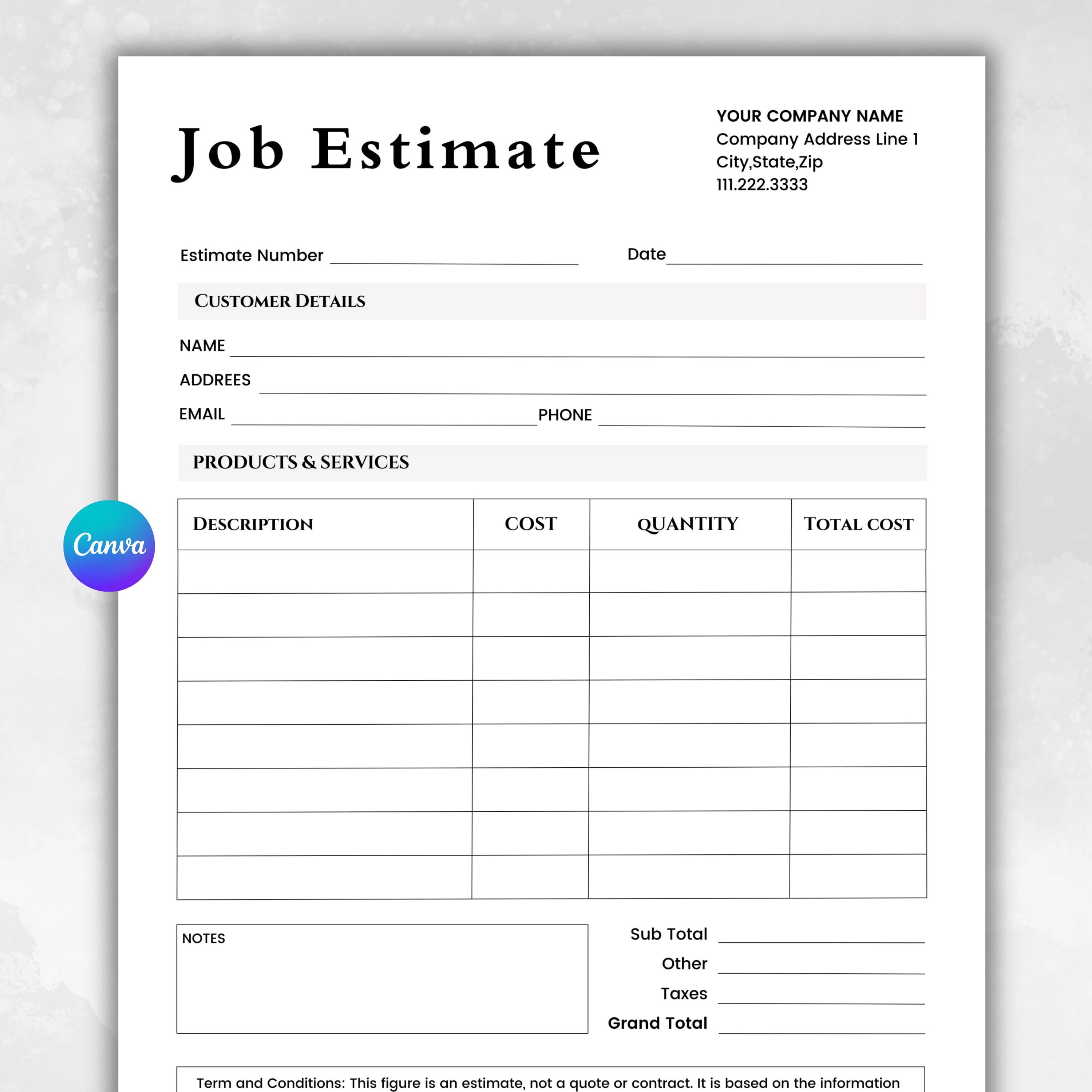 Job Estimate Template Canva | Editable Estimate Form | Contractor Quote ...