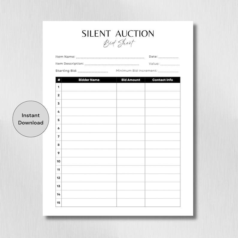 Silent Auction Bid Sheet Template – Printable Auction Form, Editable ...
