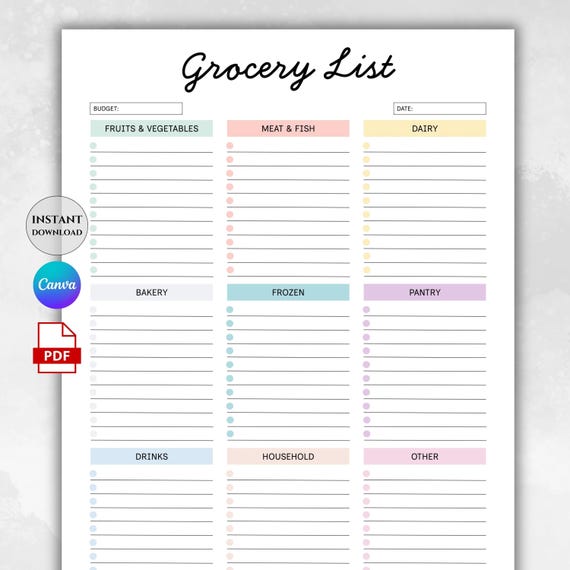Editable Grocery List Printable | Minimal Shopping List Planner | Weekly Grocery Checklist PDF | Canva Grocery List Template