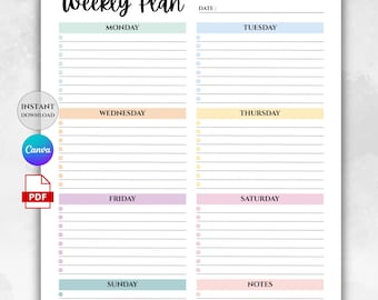 Weekly Planner Printable, Canva Editable Weekly Planner, Planner Template, Minimalist Weekly Schedule, Digital Planner, Instant Download
