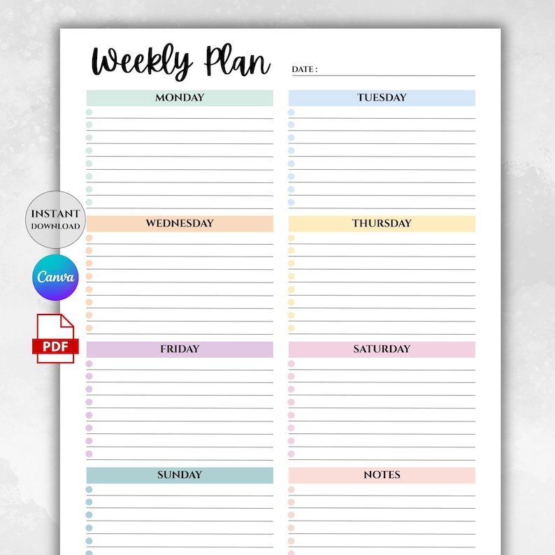 Op de afbeelding: Een weekplanner met pastelkleuren. De titel "Weekly Plan" staat bovenaan, met secties voor elke dag van de week en een notitiesectie. Inclusief pictogrammen voor "Instant Download", "Canva" en "PDF".