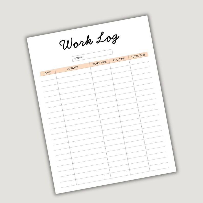 May include: A white work log sheet with a black cursive "Work Log" title. The sheet has columns for date, activity, start and end times, and total time. The top section includes a space for the month.