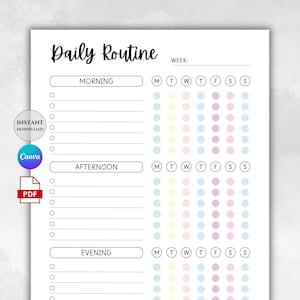 Könnte beinhalten: Ein weißer, druckbarer Tagesplaner mit Abschnitten für Morgen, Nachmittag und Abend. Enthält Kontrollkästchen und einen Wochen-Tracker mit pastellfarbenen Punkten. Mit dem Text "Daily Routine", "Instant Download", "Canva" und "PDF".