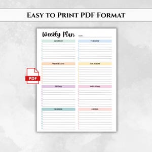 Op de afbeelding: Een wekelijkse planner in PDF-formaat. De planner heeft secties voor elke dag van de week, met kleurgecodeerde koppen en ruimte voor notities. De tekst "Weekly Plan" staat bovenaan, met de dagen van de week eronder.