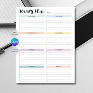 Op de afbeelding: Een witte weekplanner met pastelkleurige secties voor elke dag van de week, inclusief maandag t/m zondag, plus een notitiesectie. De planner heeft de tekst "Weekly Plan" bovenaan en bevat de Canva- en Instant Download-logo's.