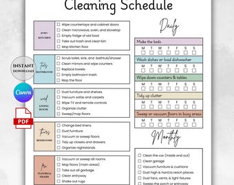 May include: A printable cleaning schedule with daily and monthly tasks. The schedule is divided into sections for the kitchen, bathroom, living room, bedrooms, floors & trash, and laundry. The design includes the Canva and PDF logos.