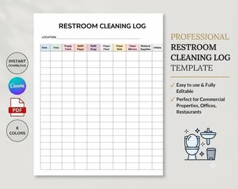 Restroom Cleaning Log Sheet, Printable Bathroom Schedule Canva Template, Commercial Cleaning Checklist, Daily Cleaning Log PDF, US Letter A4